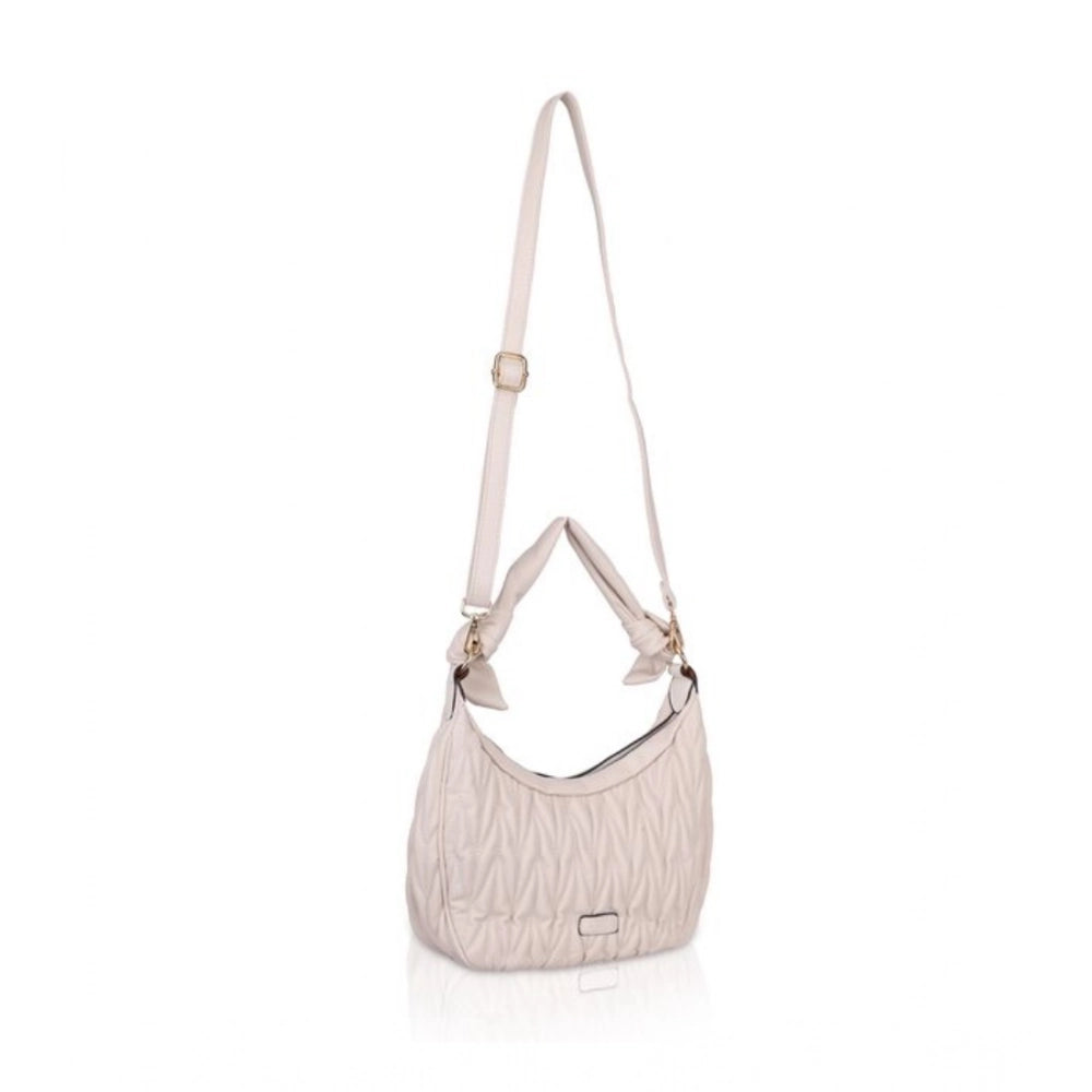Beige white textured faux leather handbag with dual handle and zipper closure