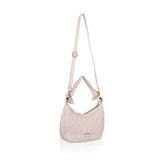 Beige white textured faux leather handbag with dual handle and zipper closure