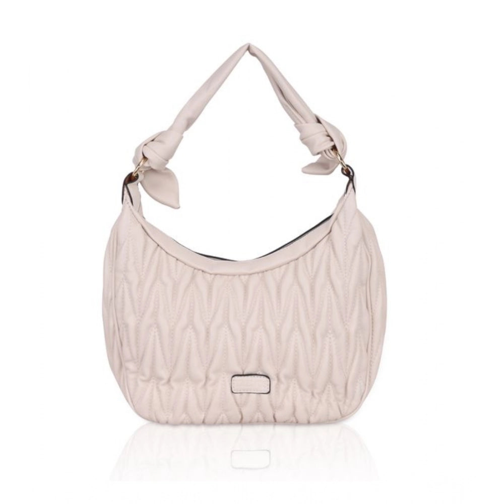 Beige white faux leather textured handbag with dual handle, synthetic lining