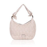 Beige white faux leather textured handbag with dual handle, synthetic lining