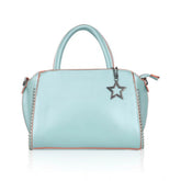 Green faux leather metal beads handbag with dual handle and zipper closure