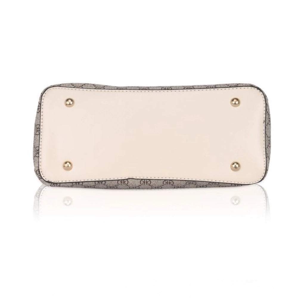 Beige faux leather printed handbag with dual handle, synthetic inner material, zipper closure on display