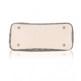 Beige faux leather printed handbag with dual handle, synthetic inner material, zipper closure on display
