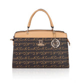 Faux leather printed camel handbag with dual handle and zipper closure