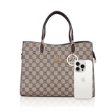 Coffee faux leather printed handbag, dual handle style with zipper closure