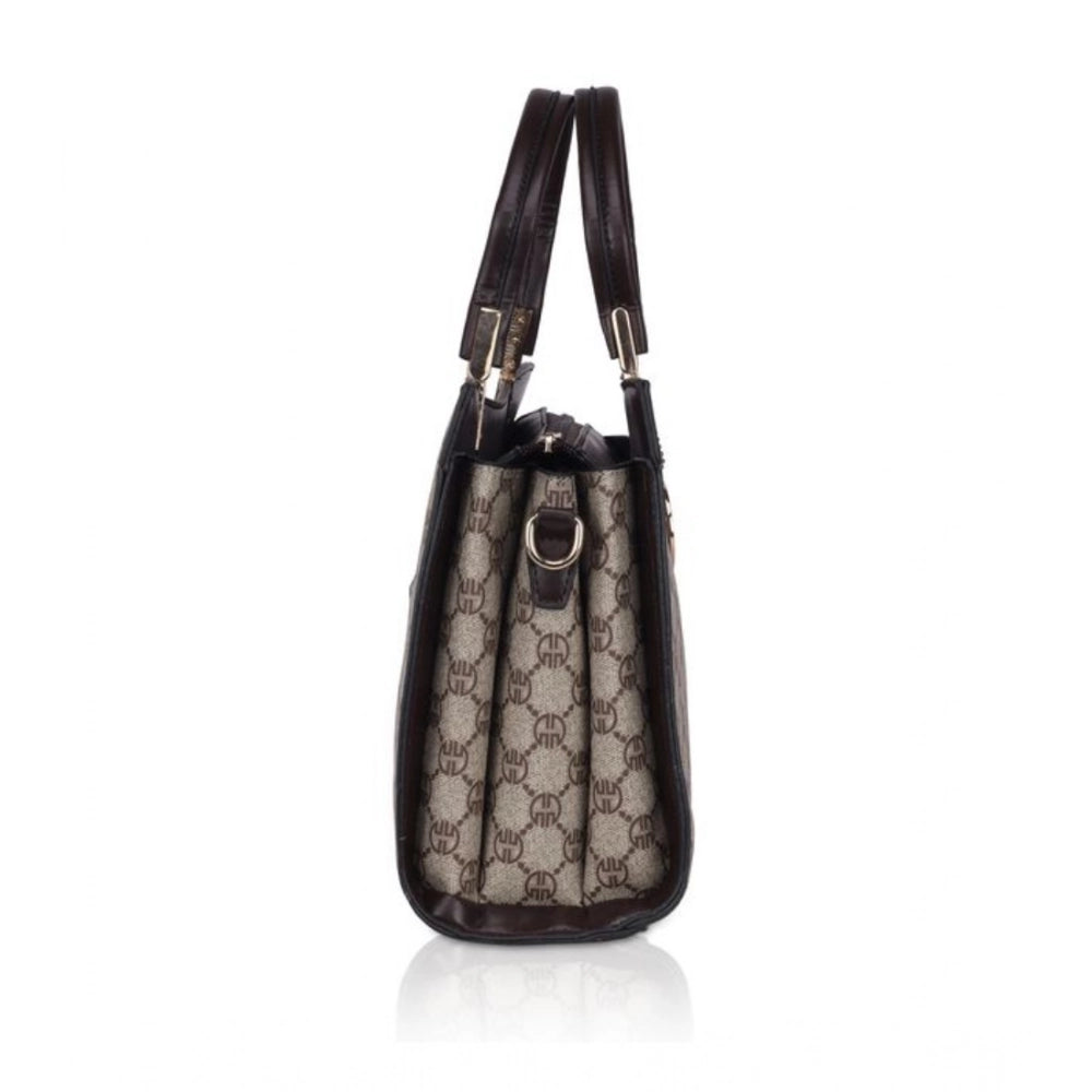 Coffee faux leather printed women's handbag with dual handle and zipper closure, featuring intricate pattern design