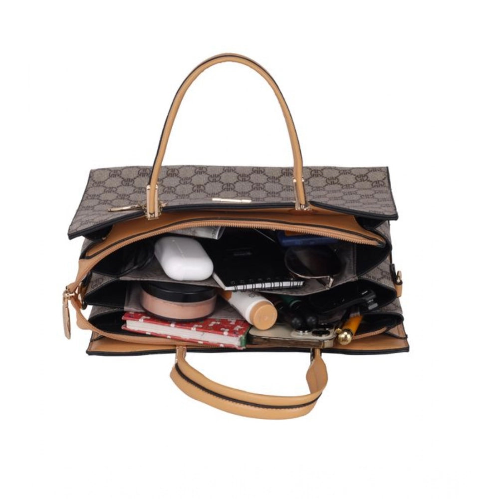 Faux leather printed camel handbag, synthetic lining, dual handle, zipper closure