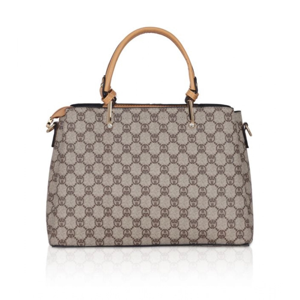 Camel faux leather printed handbag with dual handle and zipper closure, synthetic lining