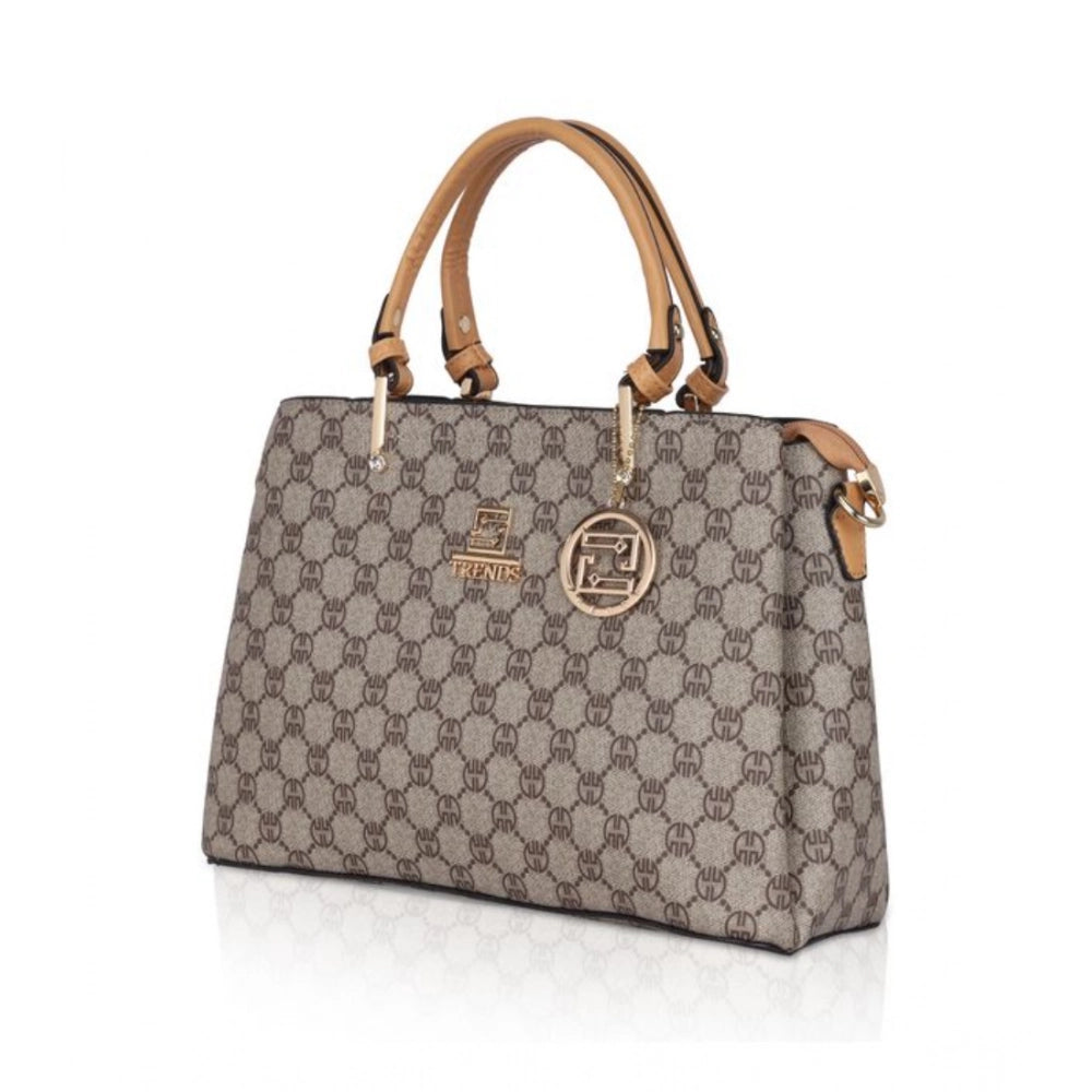 Faux leather printed camel handbag, synthetic lining, dual handle design for women's fashion accessory