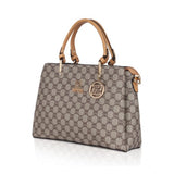 Faux leather printed camel handbag, synthetic lining, dual handle design for women's fashion accessory