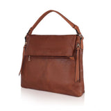 Brown faux leather sling bag with dual handle, solid design, synthetic lining, zipper closure