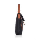 Black faux leather sling bag with dual handle, solid pattern on a stylish accessory for women