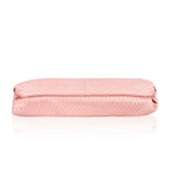 Pink faux leather textured sling bag with dual handle, synthetic lining, zipper closure