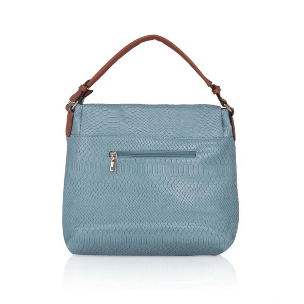 Blue faux leather textured sling bag with dual handle, synthetic lining and zipper closure