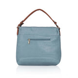 Blue faux leather textured sling bag with dual handle, synthetic lining and zipper closure