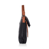 Black faux leather textured sling bag with dual handle, featuring a zipper closure
