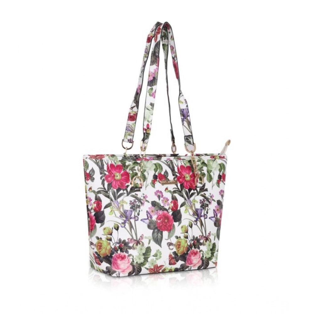 White pink faux leather printed tote bag with dual handle and zipper closure for women's style accessory