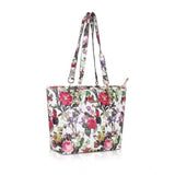 White pink faux leather printed tote bag with dual handles and zipper closure