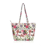 White pink faux leather printed tote bag with dual handle, synthetic lining, zipper closure - close-up view