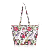 White pink faux leather printed tote bag with zipper closure, dual handle style
