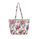White pink faux leather printed tote bag with zipper closure, dual handle style