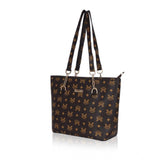 Brown faux leather printed tote bag with dual handles and zipper closure