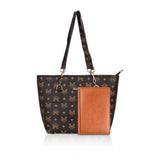 Brown faux leather printed tote bag with zipper closure and dual handles