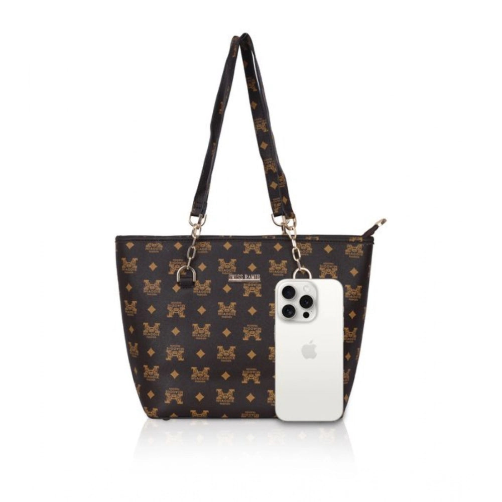 Brown faux leather printed tote bag with dual handle, zipper closure for women's everyday use