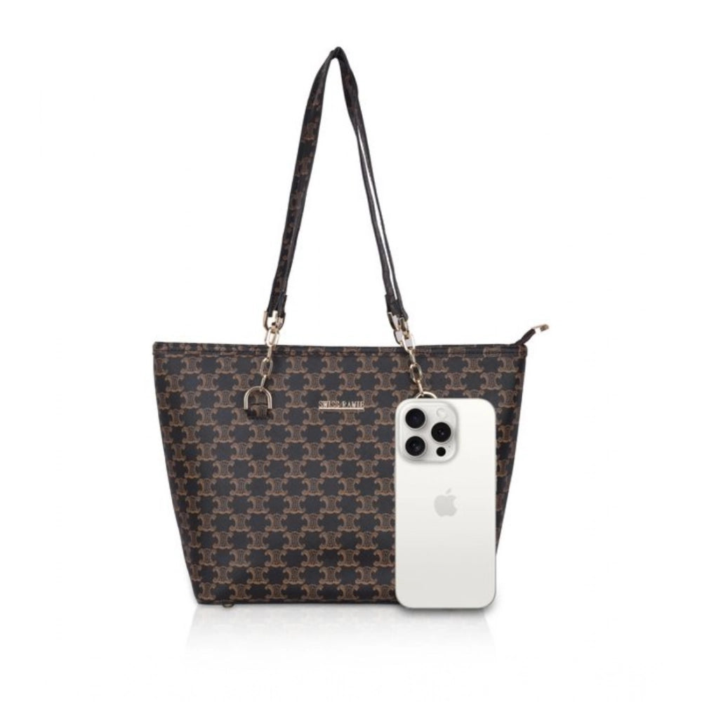 Brown faux leather printed tote bag with zipper closure and dual handles