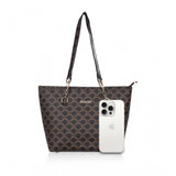 Brown faux leather printed tote bag with zipper closure and dual handles