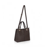 Brown faux leather printed handheld bag with dual handles and zipper closure