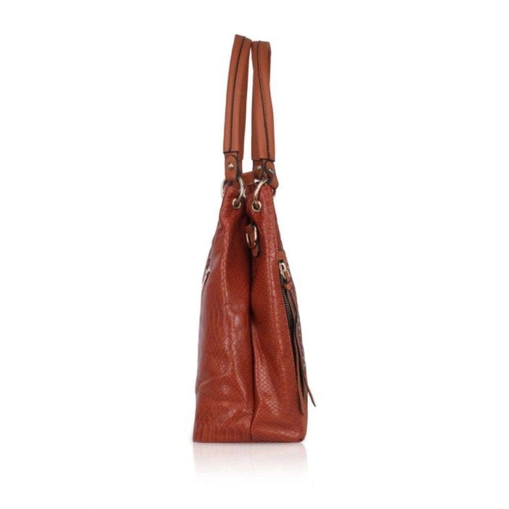 Brown faux leather textured tote bag with zipper closure and dual handles