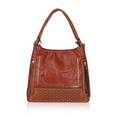 Brown faux leather textured tote bag with zipper closure and dual handles