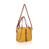 Yellow faux leather textured tote bag with zipper closure and dual handle