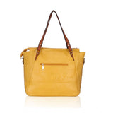 Yellow faux leather textured tote bag with zipper closure and dual handles