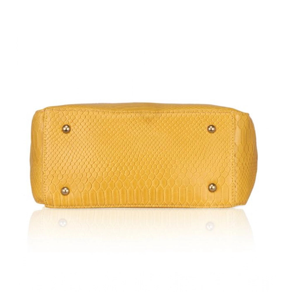 Yellow faux leather textured tote bag with zipper closure and dual handle, synthetic inner material