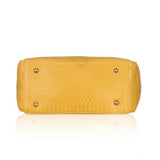 Yellow faux leather textured tote bag with zipper closure and dual handle, synthetic inner material