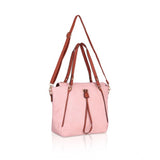 Pink faux leather textured tote bag with zipper closure and dual handles