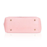 Pink textured faux leather tote bag for women, synthetic lining with zipper closure and dual handles