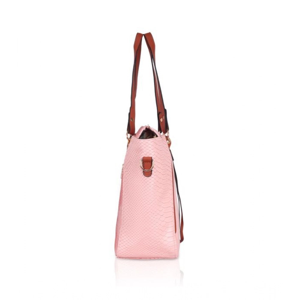 Pink faux leather textured tote bag with dual handles and zipper closure