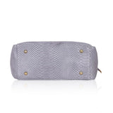 Grey faux leather textured tote bag with zipper closure, synthetic lining, and dual handle design