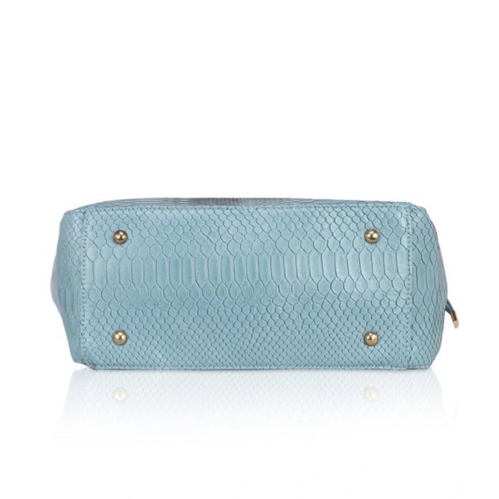 Blue faux leather textured tote bag with zipper closure and dual handles