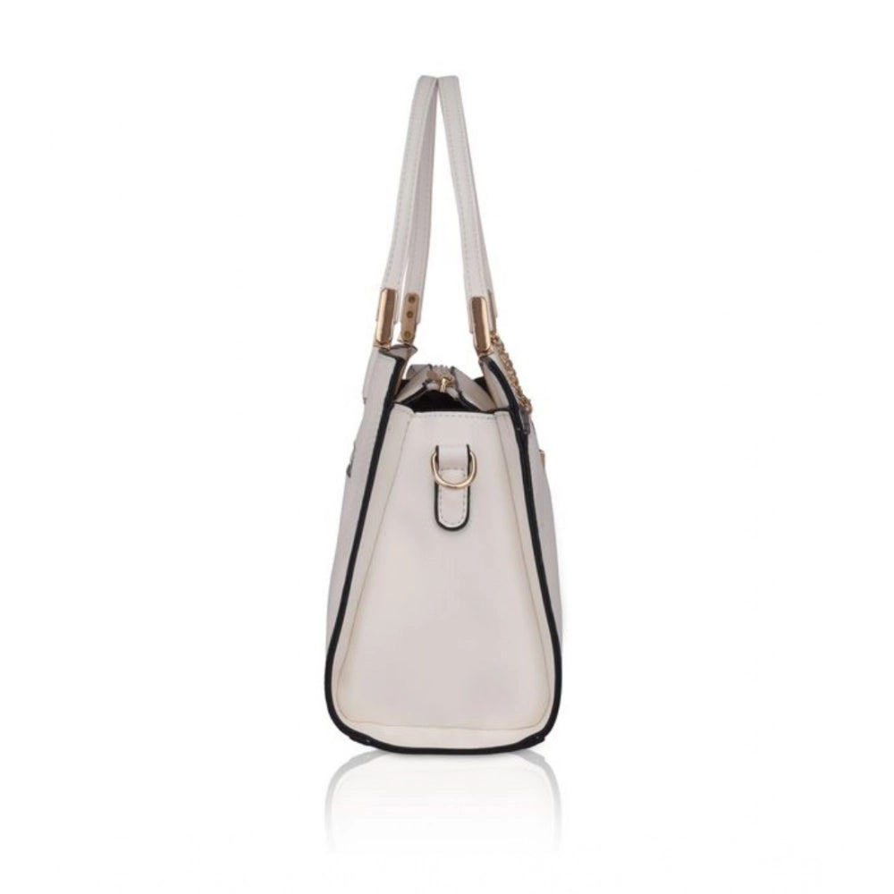 White faux leather textured adjustable long belt handbag with dual handle, featuring zipper closure and synthetic lining