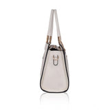 White faux leather textured adjustable long belt handbag with dual handle, featuring zipper closure and synthetic lining