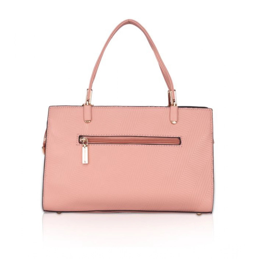 Pink faux leather textured adjustable long belt handbag with dual handle and zipper closure