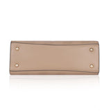 Khaki faux leather textured adjustable long belt handbag with dual handle and zipper closure