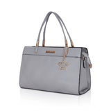 Grey faux leather textured adjustable long belt handbag with zipper closure and dual handles