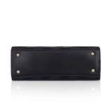 Black faux leather textured adjustable long belt handbag with dual handles and zipper closure