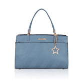 Blue faux leather textured adjustable long belt handbag with zipper closure and dual handle straps