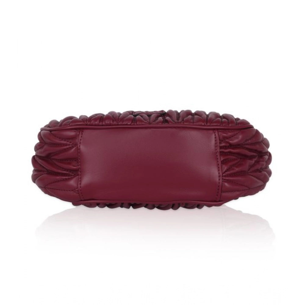 Red faux leather textured handbag with dual handle and zipper closure